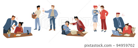 Angry furious boss scolding employees in office Angry furious boss scolding employees in office 94959702