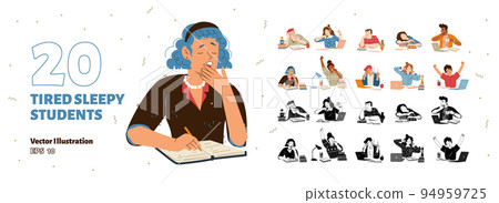 Tired sleepy students at desk with books Tired sleepy students at desk with books 94959725