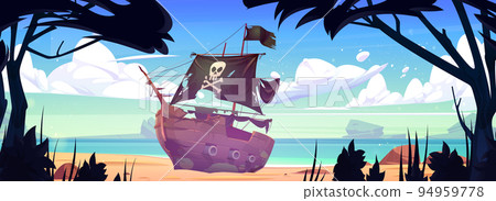 Sea beach with broken pirate ship after shipwreck 94959778