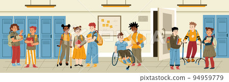 Disabled and healthy kids stand in school hall Disabled and healthy kids stand in school hall 94959779