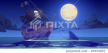 Island in sea with broken pirate ship at night 94959803