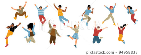 Happy people jump with raised arms, characters 94959835