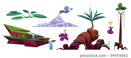 Prehistoric planet landscape set with volcano 94959862