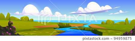 Summer landscape with river flowing into sea Summer landscape with river flowing into sea 94959875
