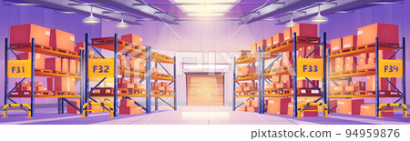 Warehouse with cardboard boxes on metal racks 94959876