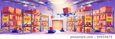 Robots in warehouse interior, automated machines 94959879