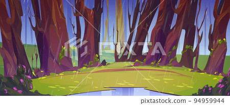 Rain in summer forest, wild nature 2d landscape Rain in summer forest, wild nature 2d landscape 94959944