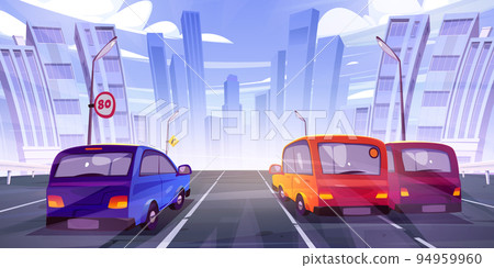 Cars driving at highway rear view on cityscape 94959960