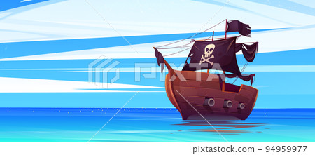 Pirate ship with black flag and and jolly roger 94959977