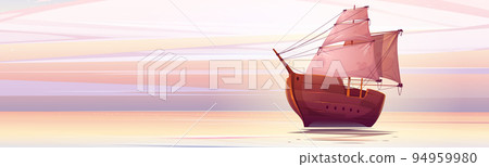 Wooden ship with white sails float under pink sky Wooden ship with white sails float under pink sky 94959980