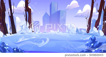 Winter park landscape with city on skyline - Stock Illustration ...