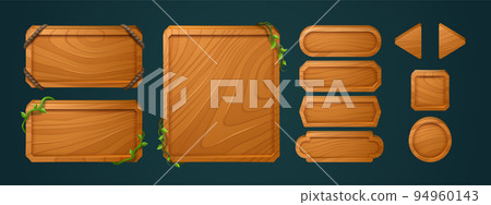 Wooden game buttons, cartoon menu interface set Wooden game buttons, cartoon menu interface set 94960143