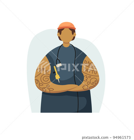Vector illustration of a tattoo artist in a hipster outfit and a tattoo gun. Profession. Flat style Vector illustration of a tattoo artist in a hipster outfit and a tattoo gun. Profession. Flat style 94961573