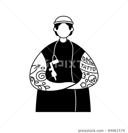 Vector illustration of a tattoo artist in a hipster outfit and a tattoo gun. Profession. Outline Vector illustration of a tattoo artist in a hipster outfit and a tattoo gun. Profession. Outline 94961574