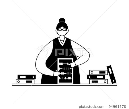 Vector illustration of an accountant with invoices and folders with abacus. Profession. Outline Vector illustration of an accountant with invoices and folders with abacus. Profession. Outline 94961578