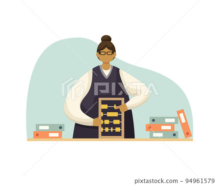 Vector illustration of an accountant with invoices and folders with abacus. Profession. Flat style Vector illustration of an accountant with invoices and folders with abacus. Profession. Flat style 94961579