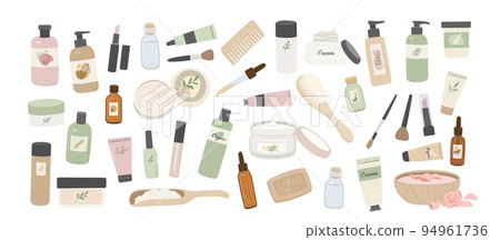 Beauty and spa vector illustration set with natural cosmetic products in bottles, tubes for makeup, skin and hair care on white background. Cream, shampoo, serum, shower gel, lotion, salt, soap 94961736
