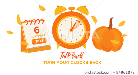 Fall Back Time for USA with calendar date 6 november, 2022. Daylight saving time ends reminder banner. Fall Back Time for USA with calendar date 6 november, 2022. Daylight saving time ends reminder banner. 94961872