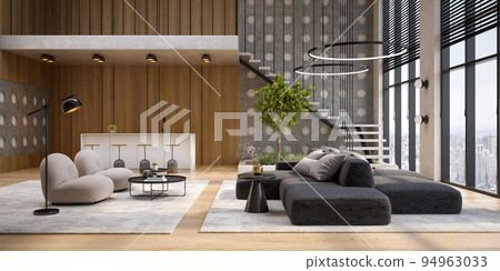 Modern style conceptual interior room wide view 3d illustration Modern style conceptual interior room wide view 3d illustration 94963033