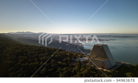 Aerial view Temple of Monte Grisa on Italian Karst Plateau mountain above Trieste , Friuli Venezia Giulia Italy Aerial view Temple of Monte Grisa on Italian Karst Plateau mountain above Trieste , Friuli Venezia Giulia Italy 94963678