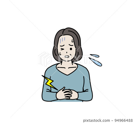 Middle-aged woman with a stomach ache, abdominal pain, food poisoning, illness, symptoms, illustration 94966488