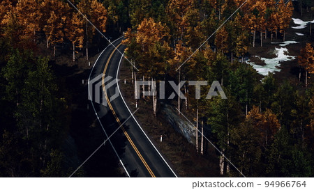 aerial view of snowy forest with a road aerial view of snowy forest with a road 94966764