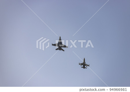 Hunt. Airplane. Military vehicle. Spanish Air Force rehearsing for the National Day of October 12 through the streets of the city of Madrid. MADRID, SPAIN - OCTOBER 5, 2022. 94966981