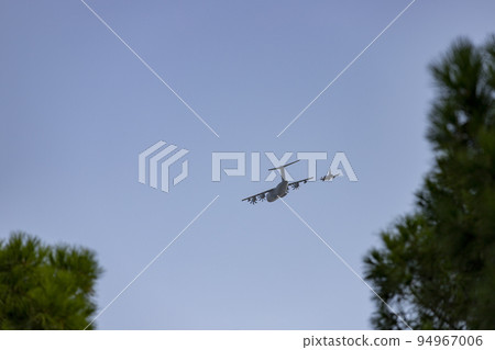 Hunt. Airplane. Military vehicle. Spanish Air Force rehearsing for the National Day of October 12 through the streets of the city of Madrid. MADRID, SPAIN - OCTOBER 5, 2022. 94967006