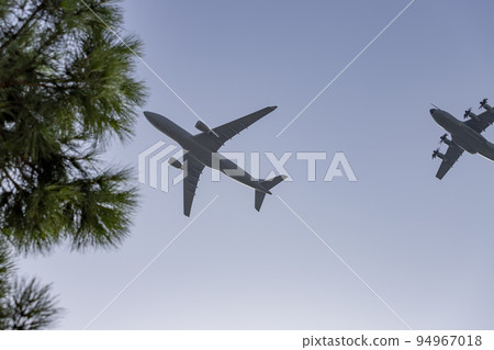 Hunt. Airplane. Military vehicle. Spanish Air Force rehearsing for the National Day of October 12 through the streets of the city of Madrid. MADRID, SPAIN - OCTOBER 5, 2022. 94967018