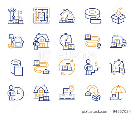 Moving service line icons. Furniture move, rent space and adhesive tape set. Package delivery, relocation service and carrying man line icons. Move parcel, delivery truck and maze labyrinth. Vector 94967024