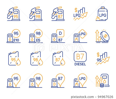 Filling station line icons. Petrol canister, B7 diesel fuel and gas cylinder set. Lpg, fuel filling station and 95 petrol canister line icons. Liquefied gas, rising prices and oil energy. Vector 94967026