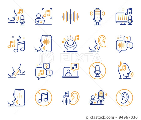 Voice line icons. Voicemail, microphone record and silence. Whisper talk, listen voice and ear hearing disability line icons. Speak recognition, phone dictation and audio sound wave. Vector 94967036