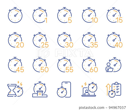 Timer line icons. Hourglass, clock time and stopwatch. Alarm countdown, sport measurement tool and 1 hour line icons. 10 minutes timer, time report, cook clock. Fast service, 60 seconds. Vector Timer line icons. Hourglass, clock time and stopwatch. Alarm countdown, sport measurement tool and 1 hour line icons. 10 minutes timer, time report, cook clock. Fast service, 60 seconds. Vector 94967037