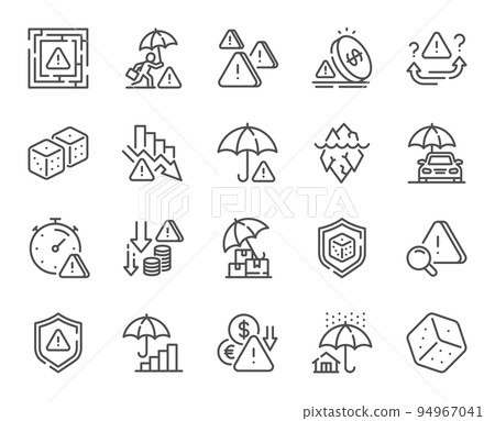 Risk management line icons. Safety umbrella, Iceberg threat and dice gambling set. Reduce finance, win chance and maze labyrinth line icons. Crisis management, insurance umbrella, threat risk. Vector 94967041