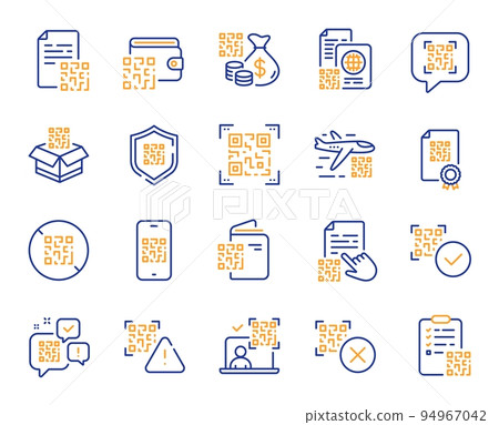 Qr code line icons. Vaccination certificate, phone qr scan and qrcode document set. Verification process, code scanning and boarding pass line icons. Valid vaccination qr passport. Vector 94967042