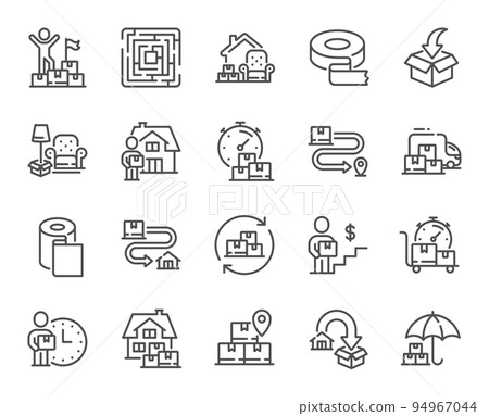 Moving service line icons. Furniture move, rent space and adhesive tape set. Package delivery, relocation service and carrying man line icons. Move parcel, delivery truck and maze labyrinth. Vector 94967044