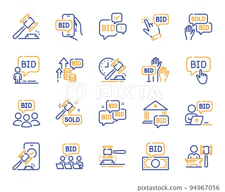 Auction line icons. Deal hammer, bid offer and law justice act set. Judge gawel, vote hand and bid price line icons. Win a lot, online auction and act hammer. Stock exchange deal. Vector Auction line icons. Deal hammer, bid offer and law justice act set. Judge gawel, vote hand and bid price line icons. Win a lot, online auction and act hammer. Stock exchange deal. Vector 94967056