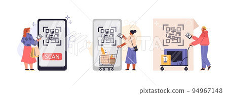People scanning QR code on abstract big mobile phone, flat vector illustration isolated on white background. People scanning QR code on abstract big mobile phone, flat vector illustration isolated on white background. 94967148