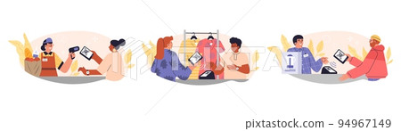 Set of people pay for various goods with QR code flat style Set of people pay for various goods with QR code flat style 94967149