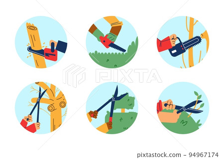 Garden work round icons, hands use professional garden equipment, flat vector illustration. 94967174