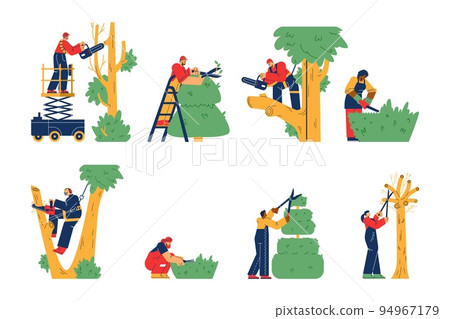 Garden workers trim the trees set of flat vector illustrations isolated. 94967179