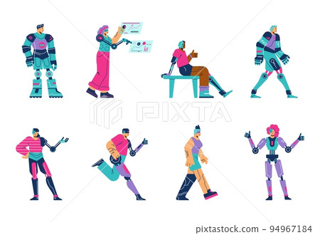 Human cyborg set, people with futuristic prothesisis - flat vector illustration isolated on white background. Human cyborg set, people with futuristic prothesisis - flat vector illustration isolated on white background. 94967184