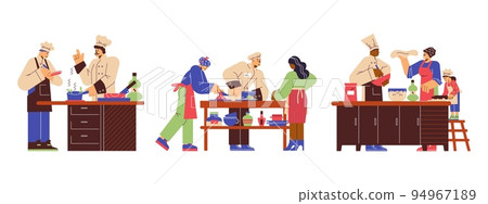 Cooking class at culinary school, flat vector illustration isolated on white background. 94967189