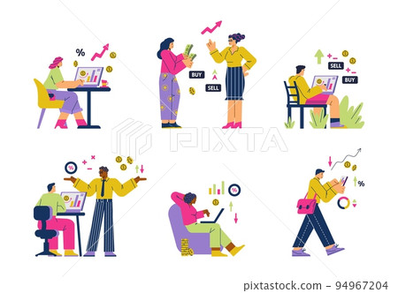 People investing money online, working as freelancers at stock market - flat vector illustration isolated on white. People investing money online, working as freelancers at stock market - flat vector illustration isolated on white. 94967204