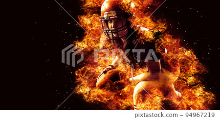 Burning American football player woman on dark background with space for text Burning American football player woman on dark background with space for text 94967219
