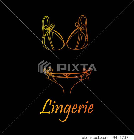 Fashionable lingerie collection for women, vector sketch illustration. Logo of women's lace underwear, panties, bras, corsets, bodies, garters, stockings, pajamas,. 94967374
