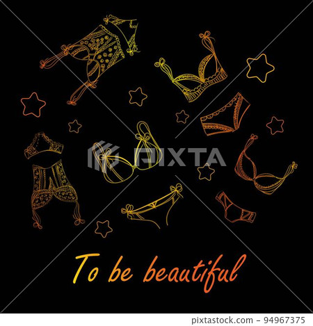 Fashionable lingerie collection for women, vector sketch illustration. Logo of women's lace underwear, panties, bras, corsets, bodies, garters, stockings, pajamas,. Fashionable lingerie collection for women, vector sketch illustration. Logo of women's lace underwear, panties, bras, corsets, bodies, garters, stockings, pajamas,. 94967375