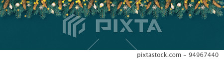 Merry Christmas and Happy New Year rich golden and crystal baubles festive ornaments garland. Lights and Christmas tree branches with cones on teal green. Party decor extra wide banner. Merry Christmas and Happy New Year rich golden and crystal baubles festive ornaments garland. Lights and Christmas tree branches with cones on teal green. Party decor extra wide banner. 94967440