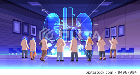 doctors in digital glasses looking at virtual detailed explanation anatomical kidneys internal organ vr vision metaverse 94967984