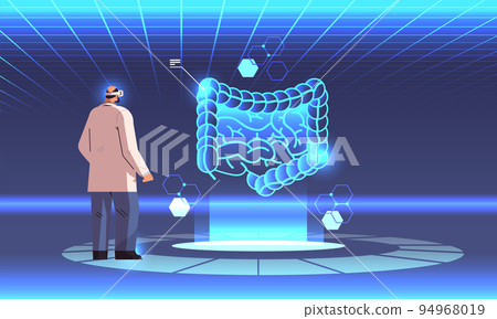 doctor in digital glasses looking at virtual detailed explanation anatomical digestive system internal organ vr vision 94968019